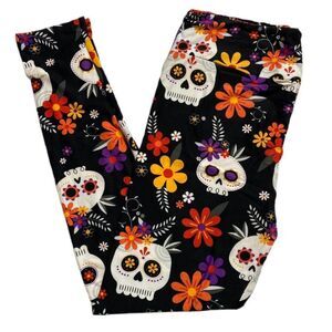LuLaRoe Halloween Candy Skulls Leggings Black Floral OS TC Comfy